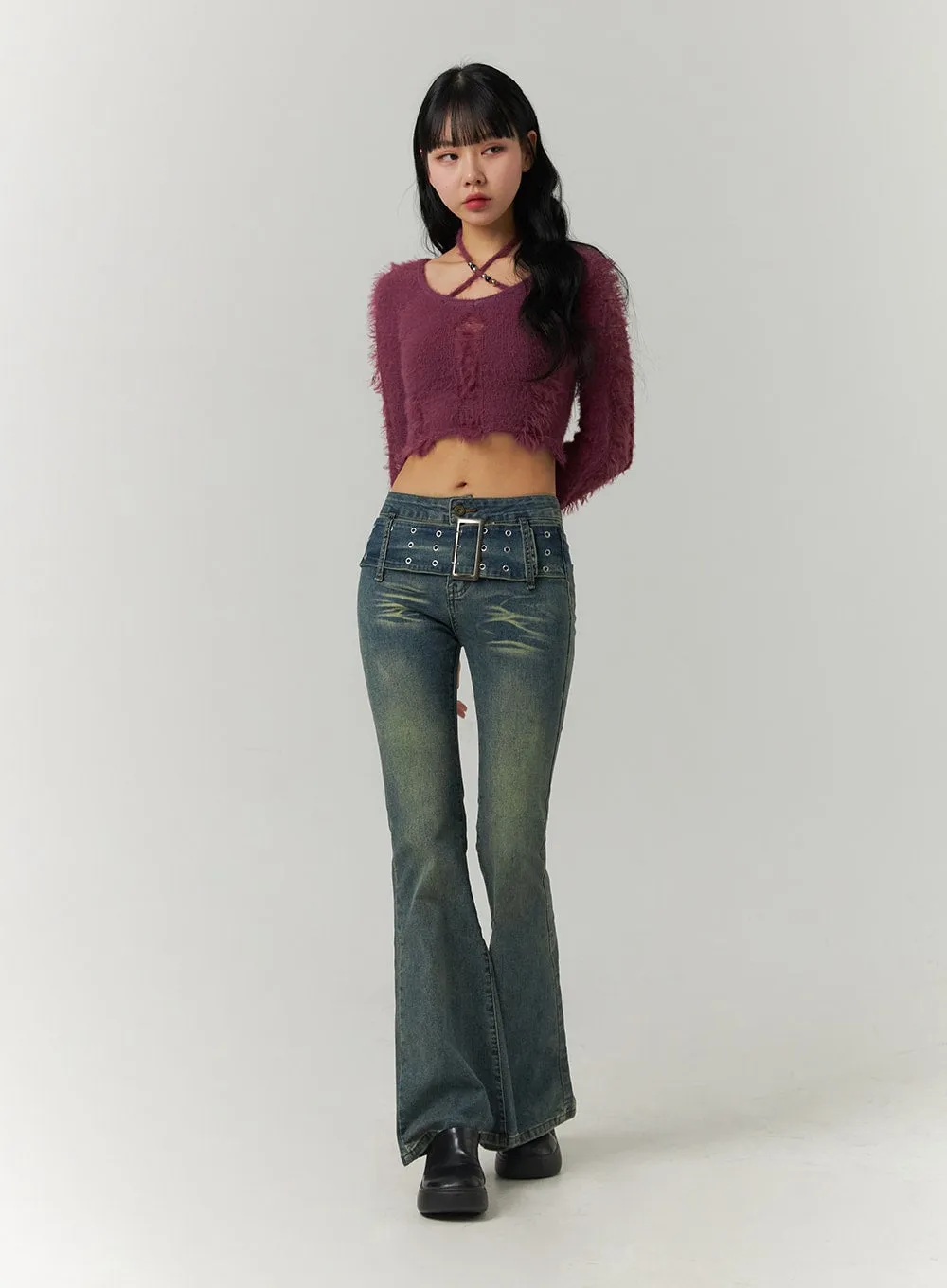 Low Waist Buckle Flared Denim Jeans CJ419