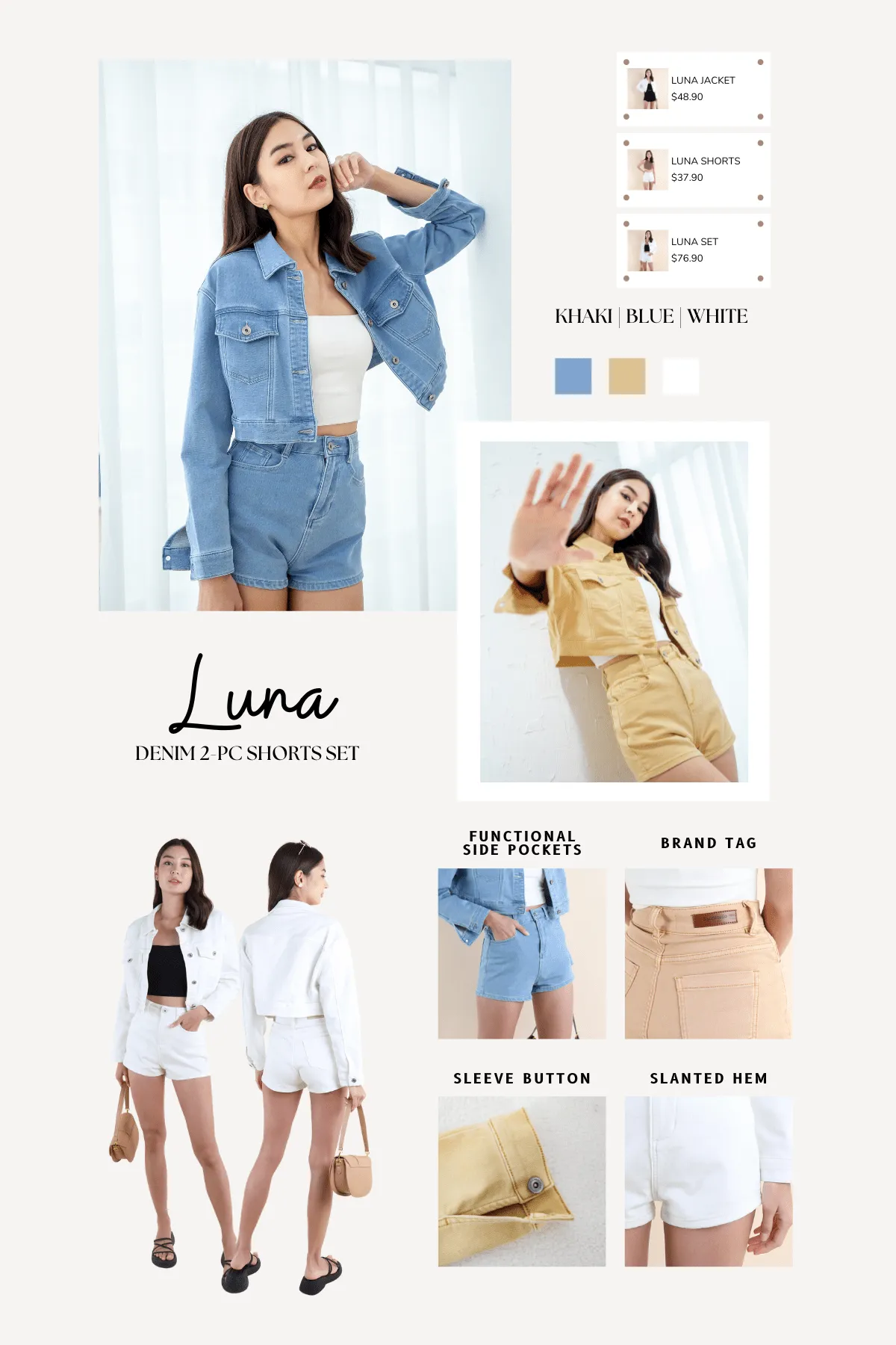 LUNA DENIM 2-PC SHORTS SET IN BLUE