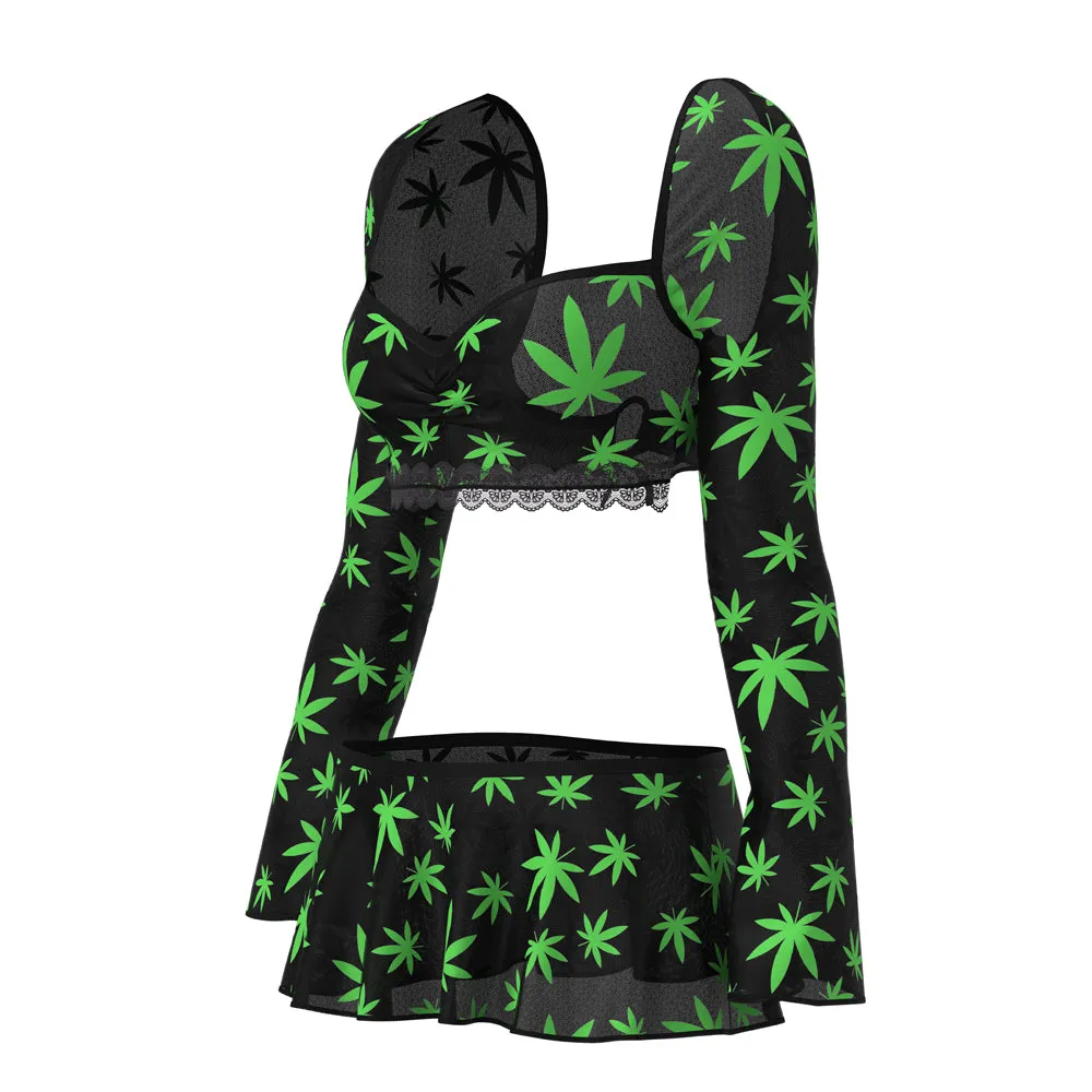 Magic Silk Hazy Dayz Crop Top, Skirt & G-String Set Pot Leaf S/M