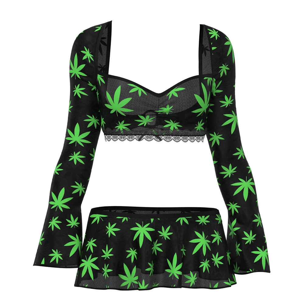 Magic Silk Hazy Dayz Crop Top, Skirt & G-String Set Pot Leaf S/M