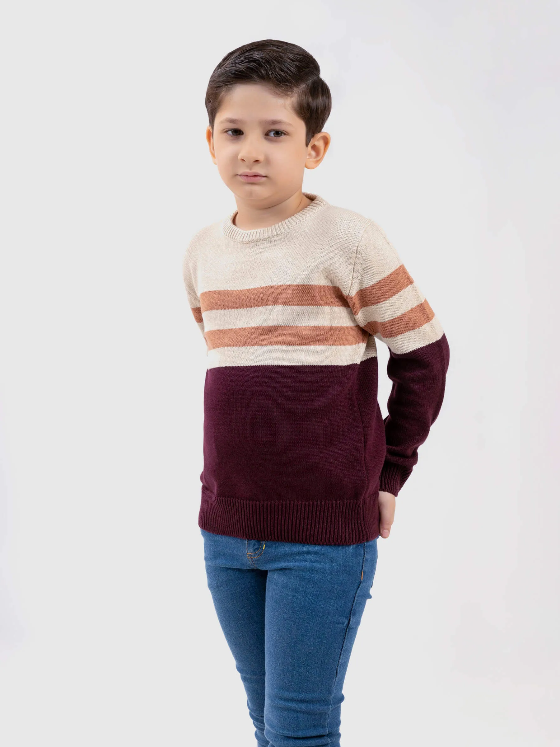 Maroon & Beige Striped Crew Neck Casual Jumper