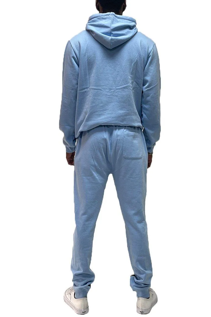 Mens Blue White Color Block Pullover Hoodie Sweat Pants Set