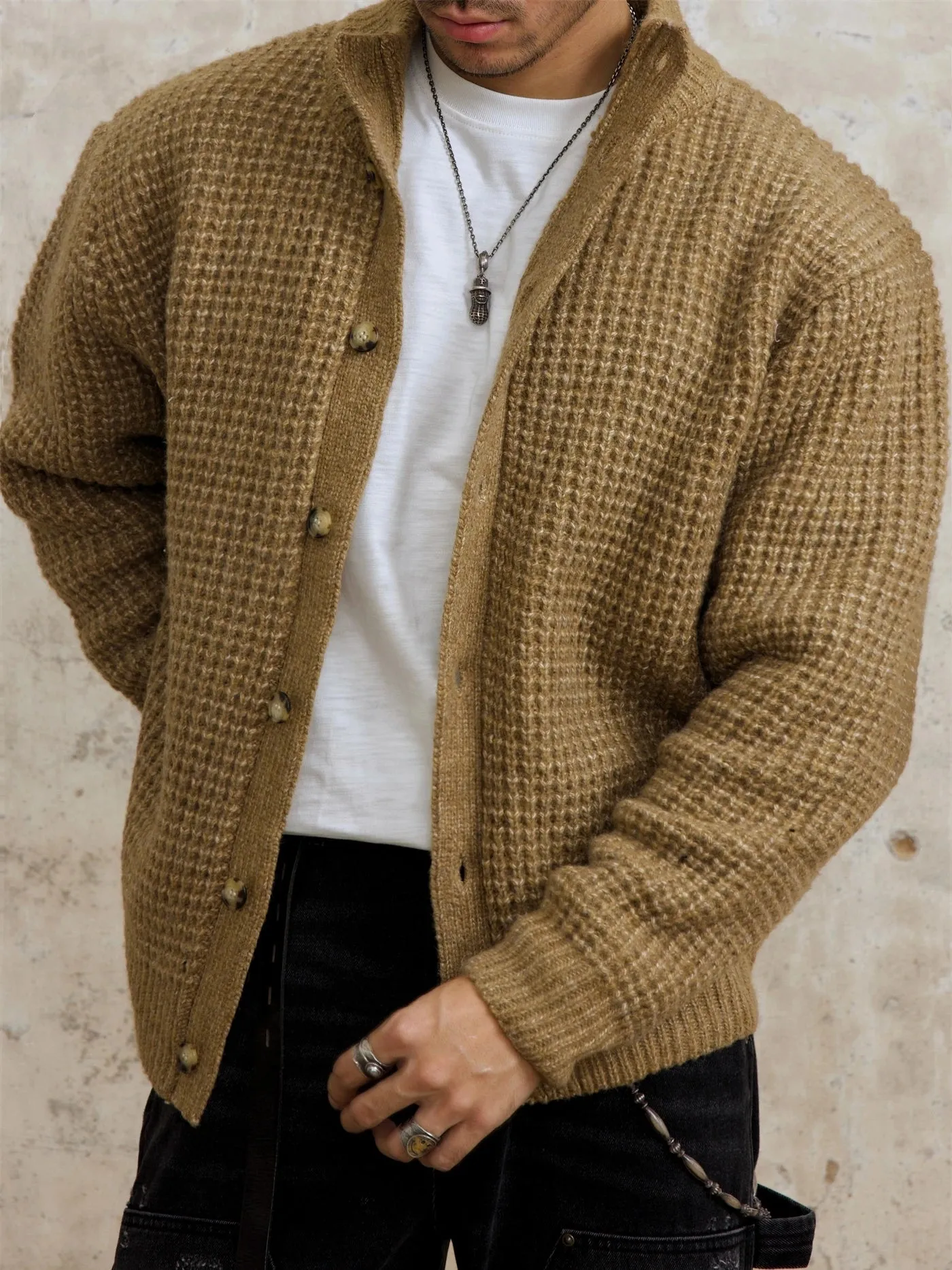 Men's Waffle Woolen Cardigan with Stand Collar - Loose Fit