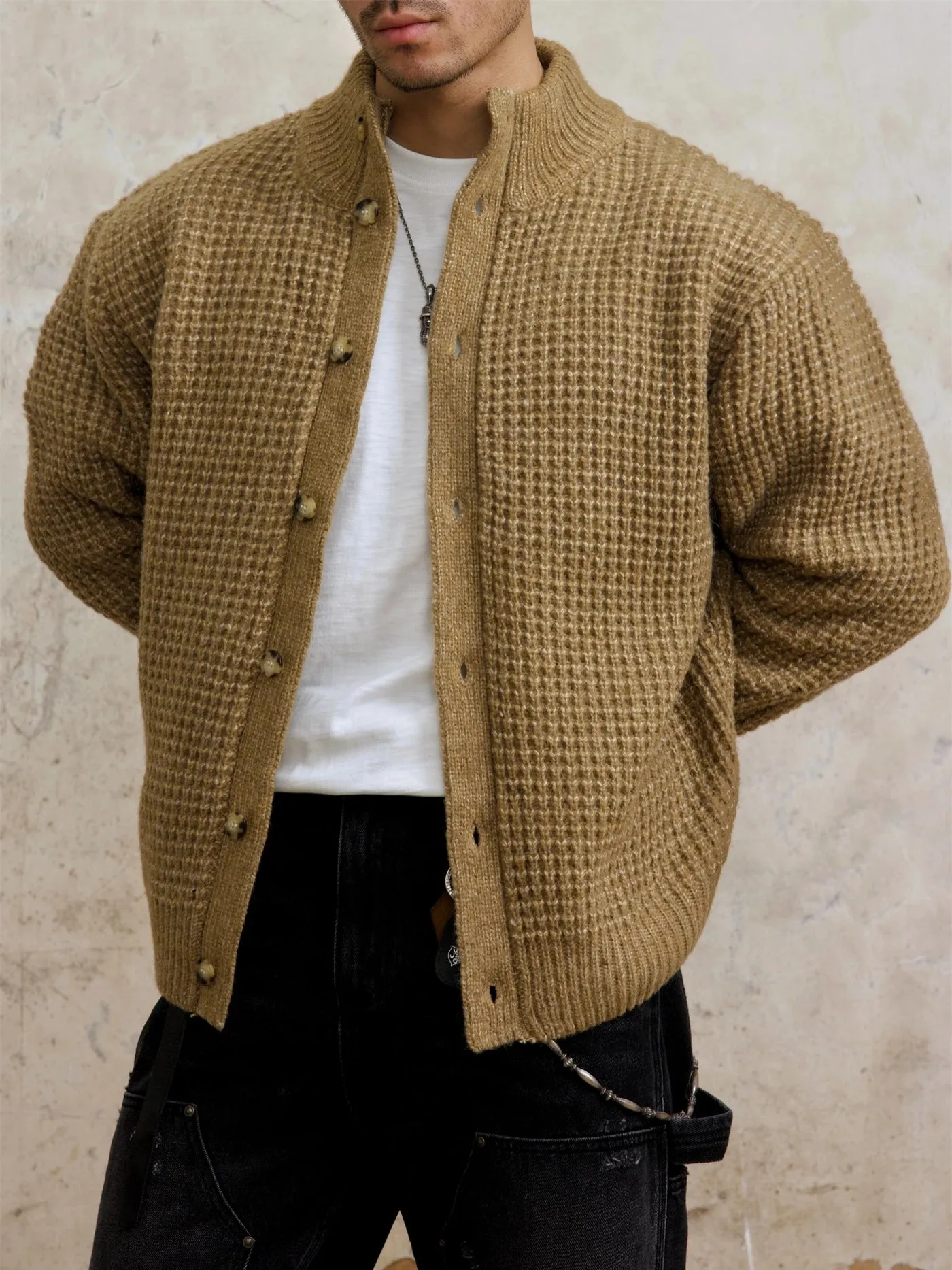 Men's Waffle Woolen Cardigan with Stand Collar - Loose Fit