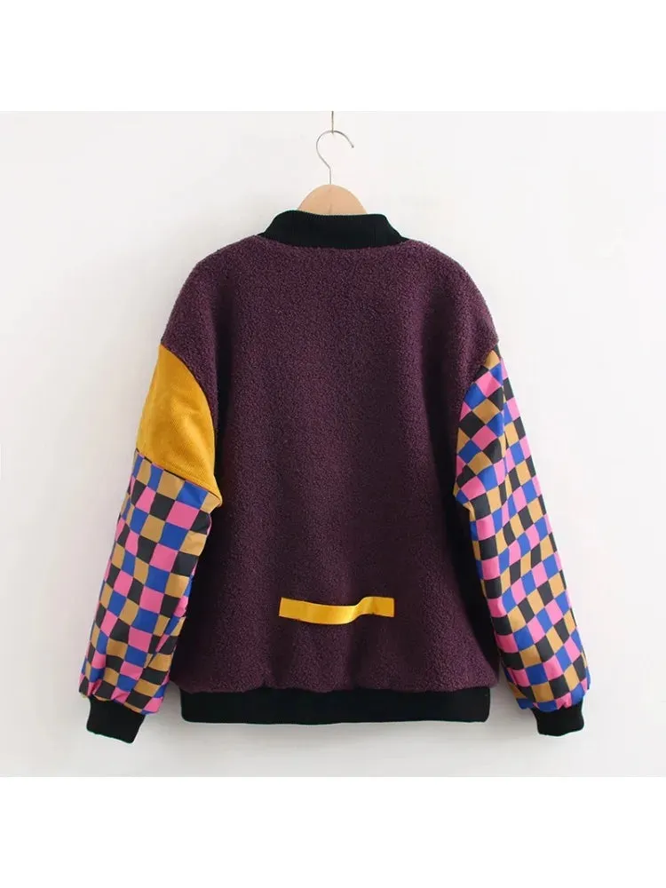 Metaversmall Design Harajuku Color Block Plaid Stitching Sleeves Thick Warm Winter Coat for Women Purple Basic Jackets