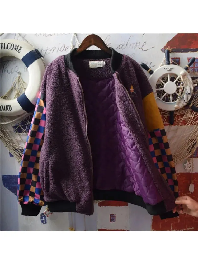 Metaversmall Design Harajuku Color Block Plaid Stitching Sleeves Thick Warm Winter Coat for Women Purple Basic Jackets