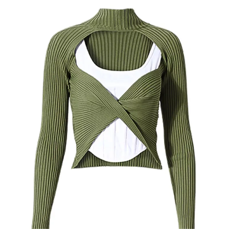 Military Army Green Sweater   Crop Top Sets