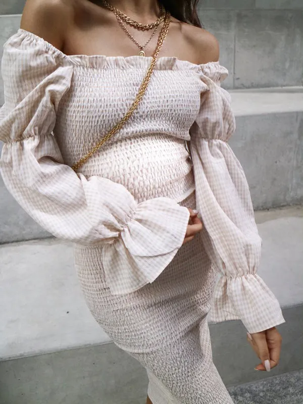 Momnfancy Baby Shower Bodycon Off Shoulder Puff Sleeve White Fall Maternity Midi Dress