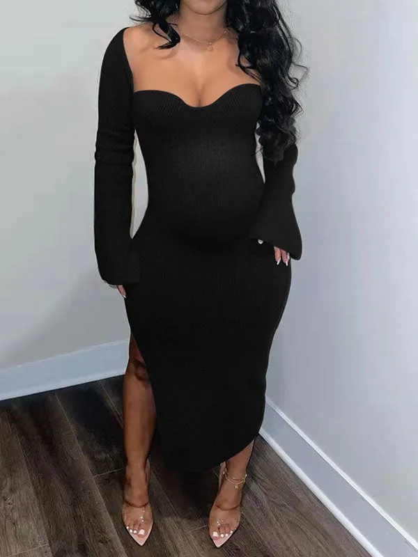 Momnfancy Heart Neck Long Sleeve Bodycon Plus Size Maternity Midi Dress