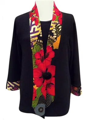 Moonlight - Three Flowers, Kimono Jacket Floral Print Accented Collar & Sleeves