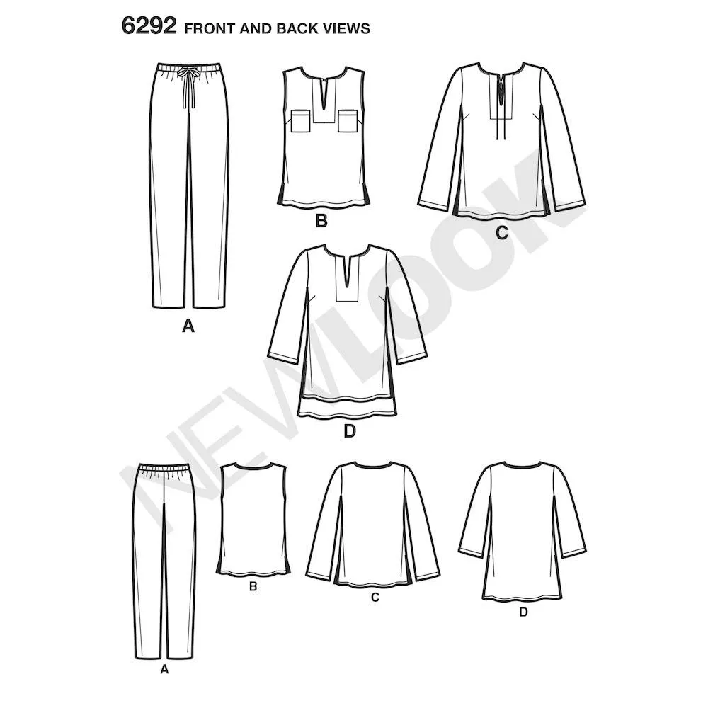 Newlook Pattern 6292 Misses' Tunic or Top and Pull-on Pants