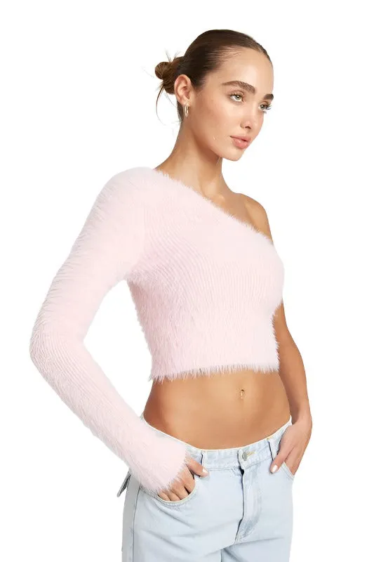 ONE SHOULDER FLUFFY SWEATER TOP