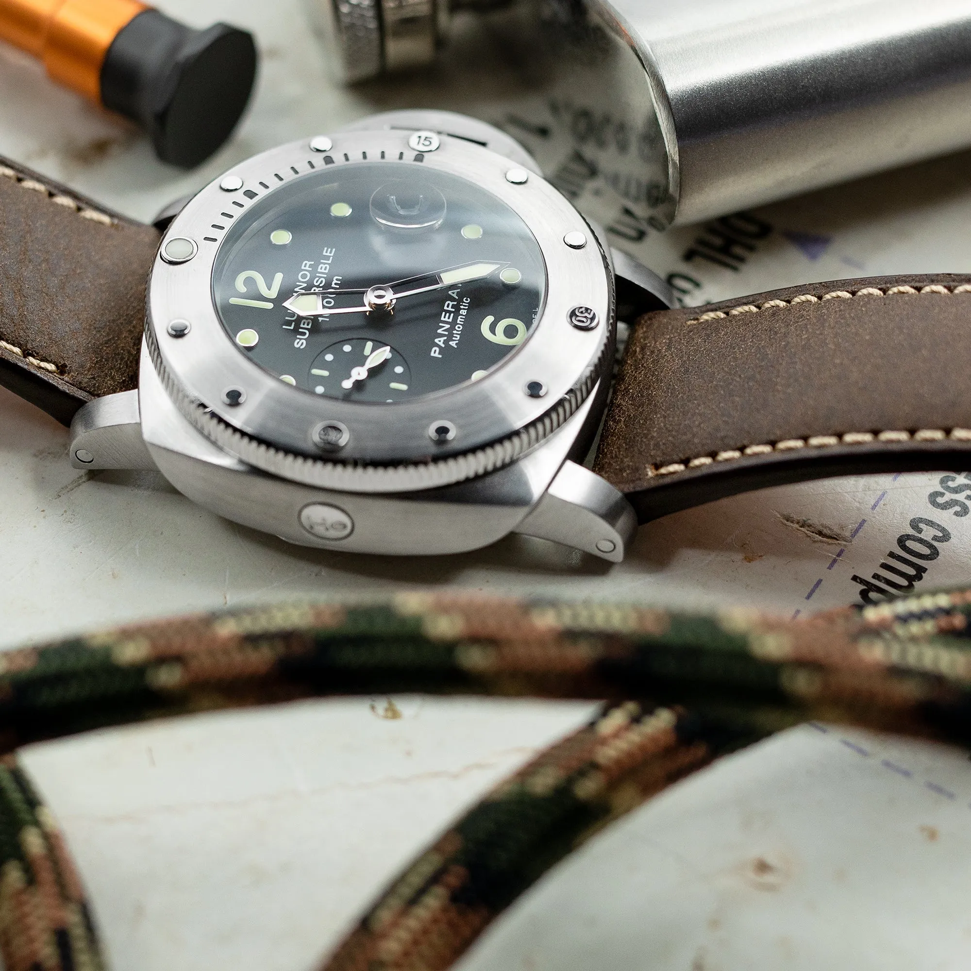 Pam Collection, Dark Brown Italian Leather Watch Strap for Panerai, Beige Stitch.