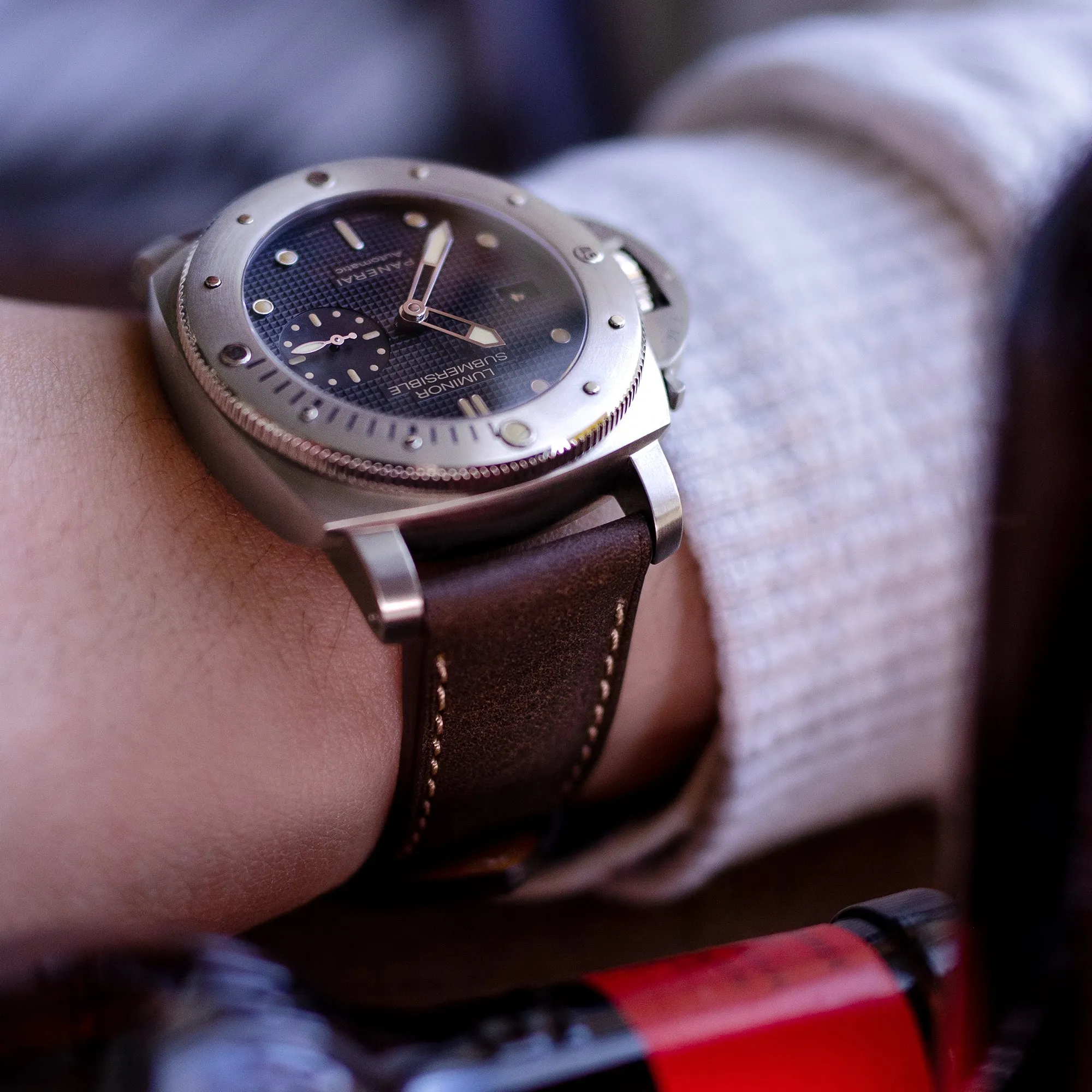 Pam Collection, Dark Brown Italian Leather Watch Strap for Panerai, Beige Stitch.