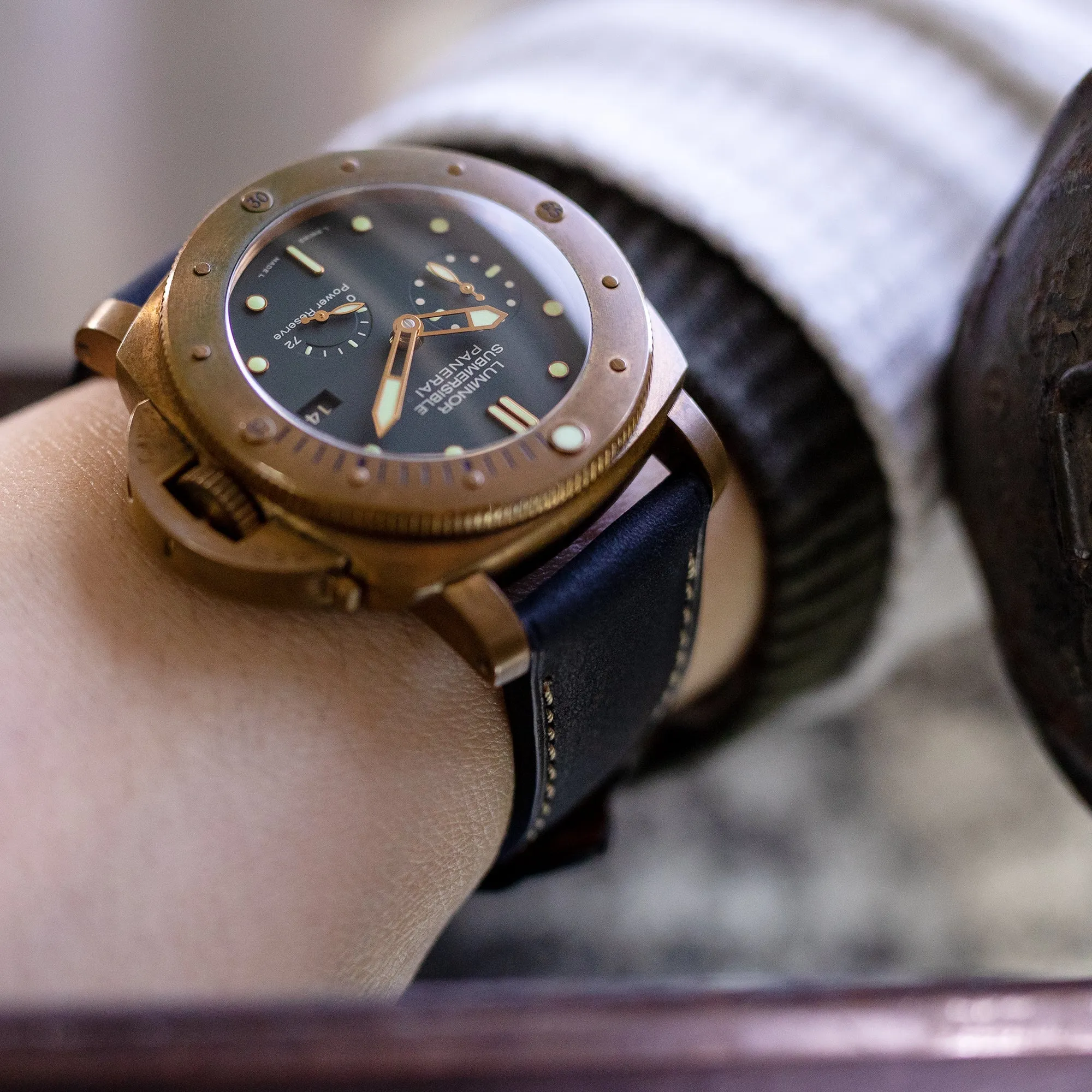 Pam Collection, Matte Black Italian Leather Watch Strap for Panerai, Beige Stitch.