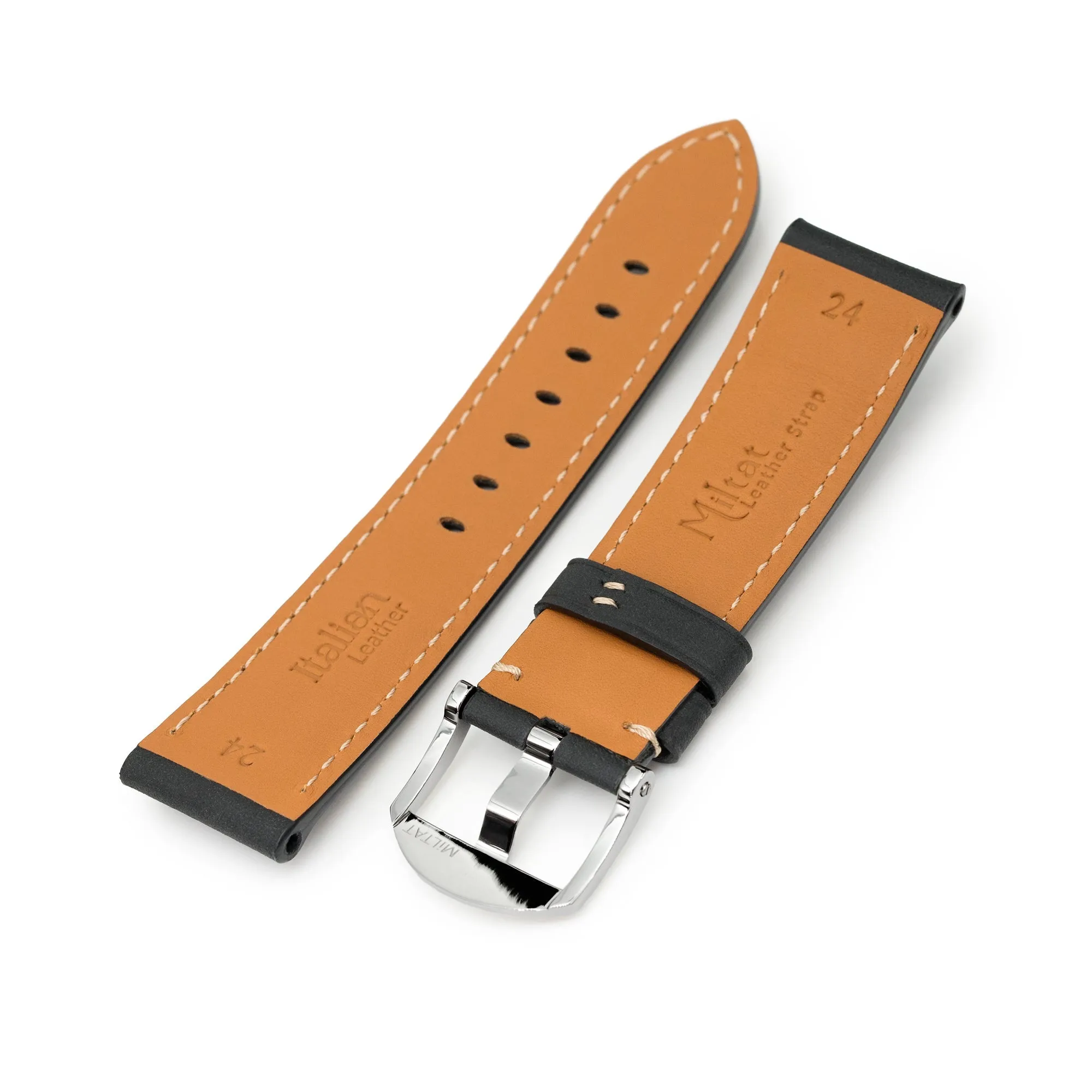 Pam Collection, Matte Black Italian Leather Watch Strap for Panerai, Beige Stitch.