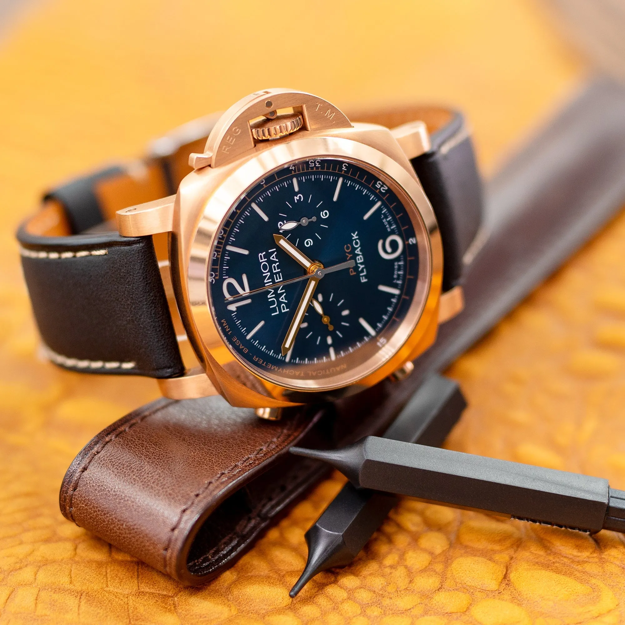 Pam Collection, Matte Black Italian Leather Watch Strap for Panerai, Beige Stitch.