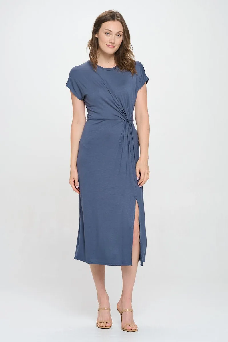 Parker Crew-Neck Short Sleeve Knob-Front Midi Dress with Slits