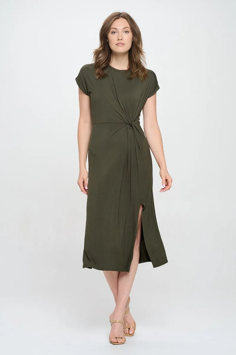 Parker Crew-Neck Short Sleeve Knob-Front Midi Dress with Slits