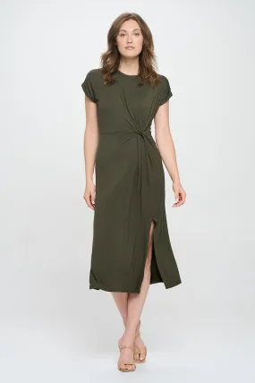 Parker Crew-Neck Short Sleeve Knob-Front Midi Dress with Slits