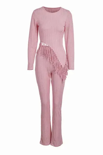 Pink Asymmetrical Tassel Fringe Hem Tunic Top & Leggings Set