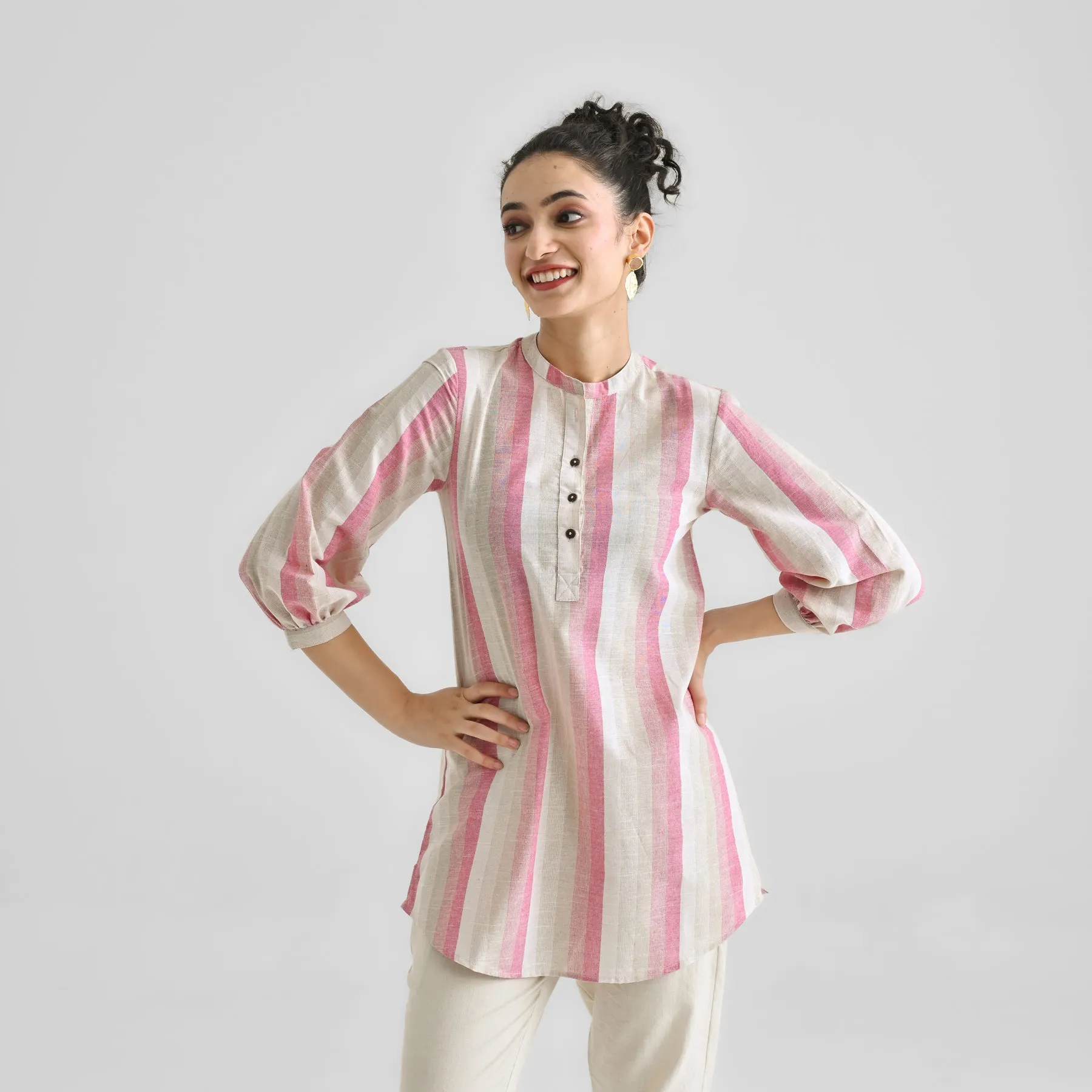 Pink Multicolour Woven Cotton Tunic with Puff Sleeve