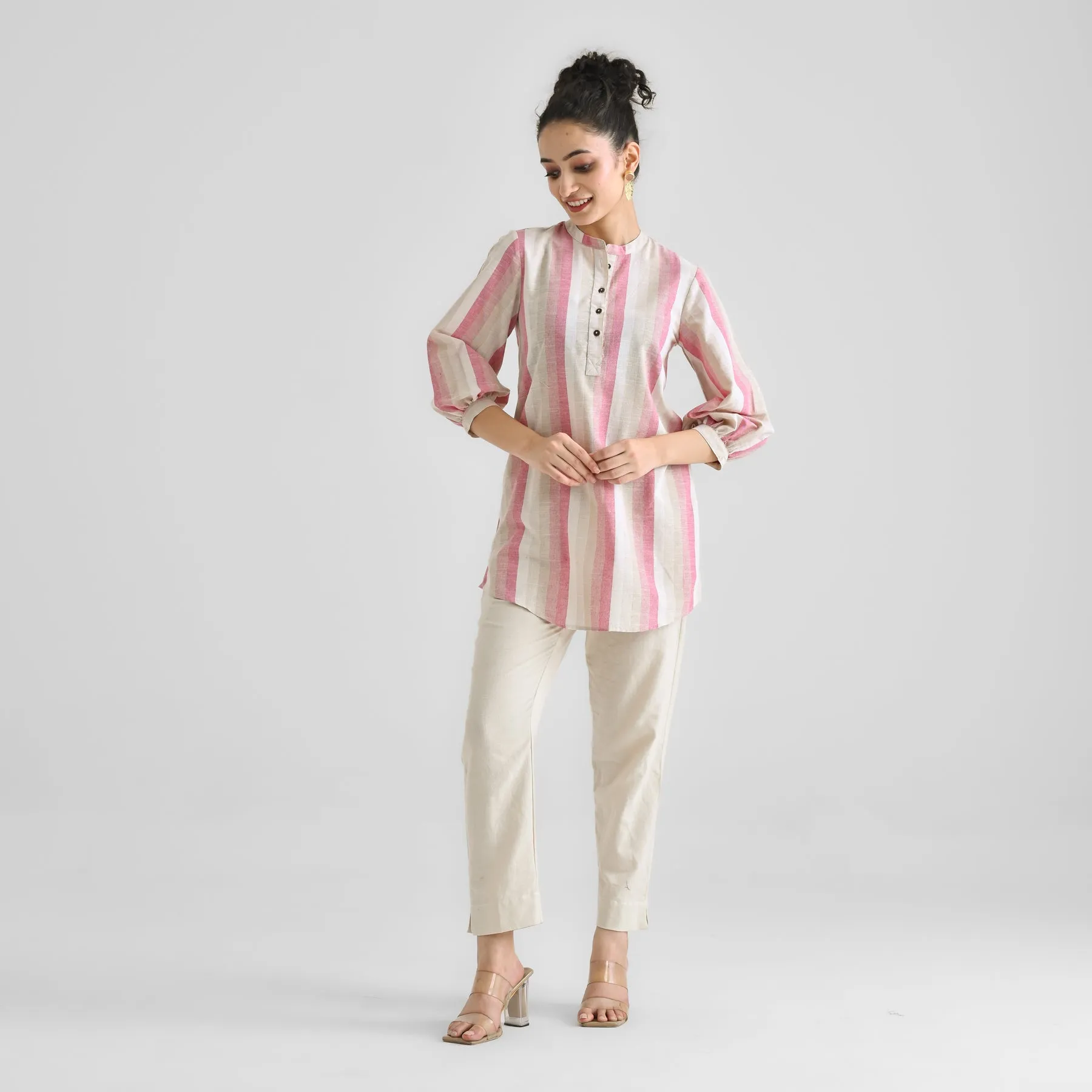 Pink Multicolour Woven Cotton Tunic with Puff Sleeve