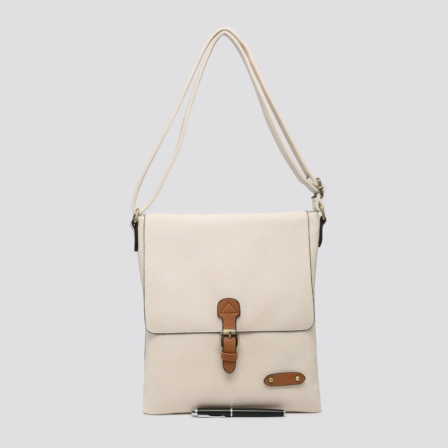 Plain Large Messenger Style Crossbody Bag With Tan Trim (8 Colours)