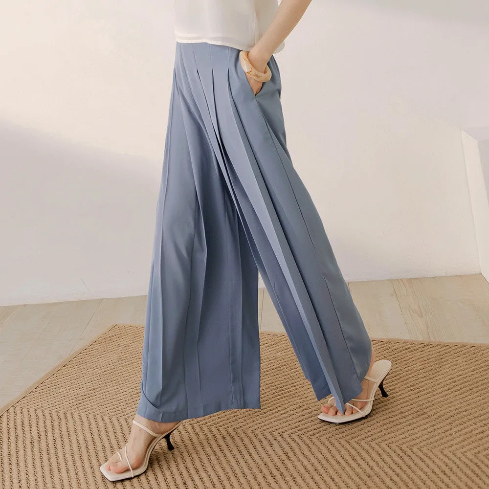 Pleated Wide Leg Elastic Waist Long Culottes Pants Trousers