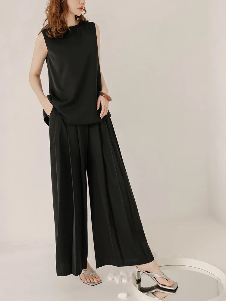 Pleated Wide Leg Elastic Waist Long Culottes Pants Trousers