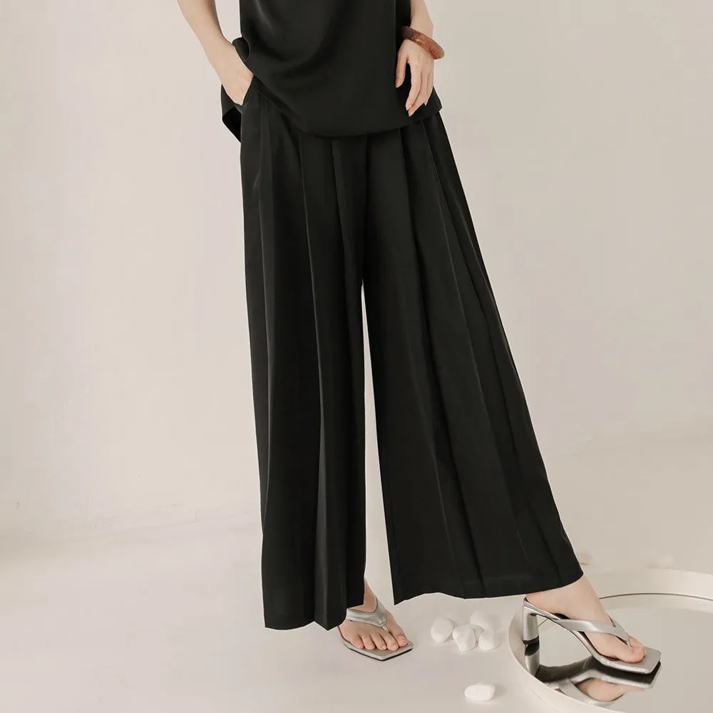 Pleated Wide Leg Elastic Waist Long Culottes Pants Trousers