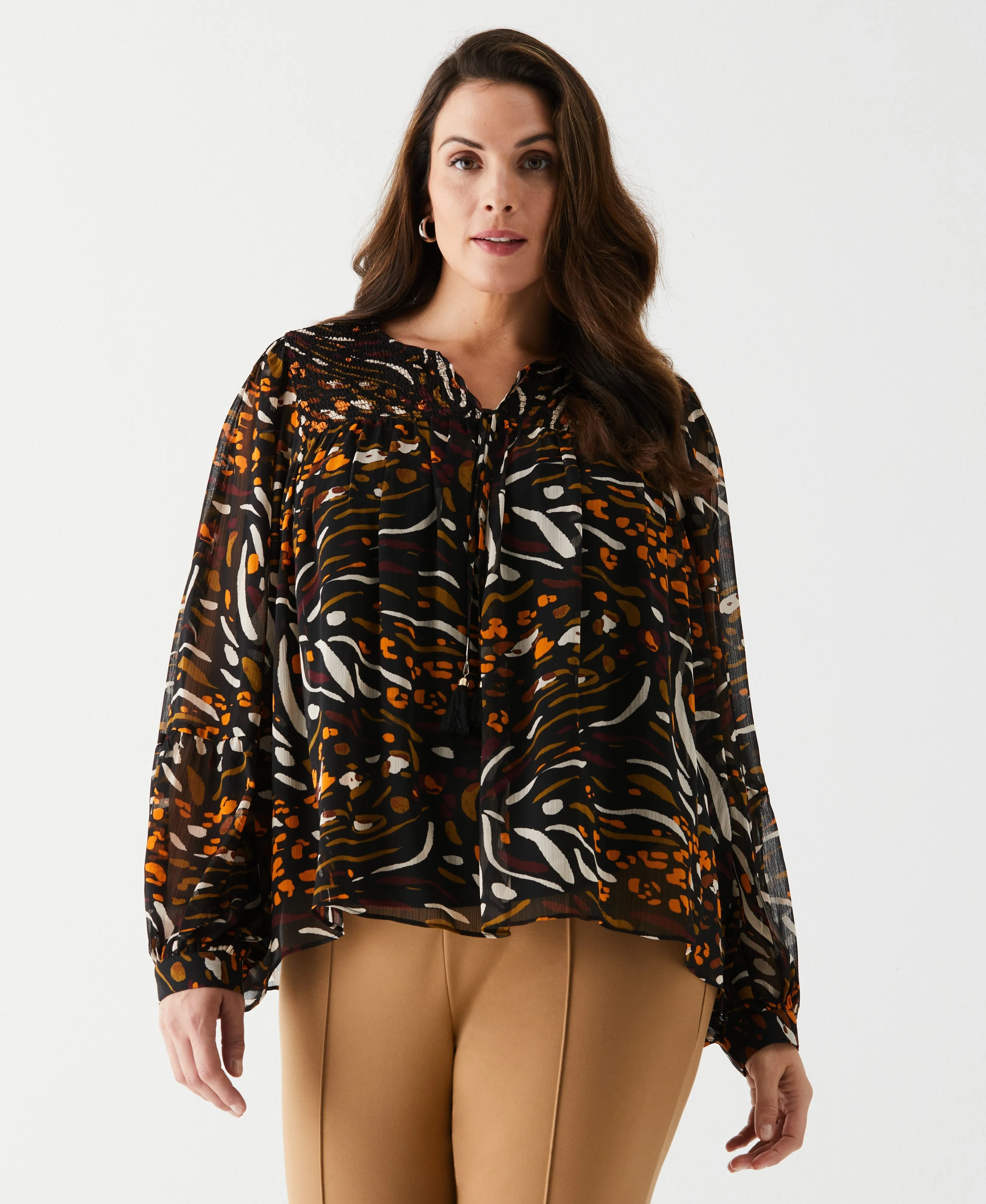 Plus Size Animal Print Smocked Split Neck Blouse