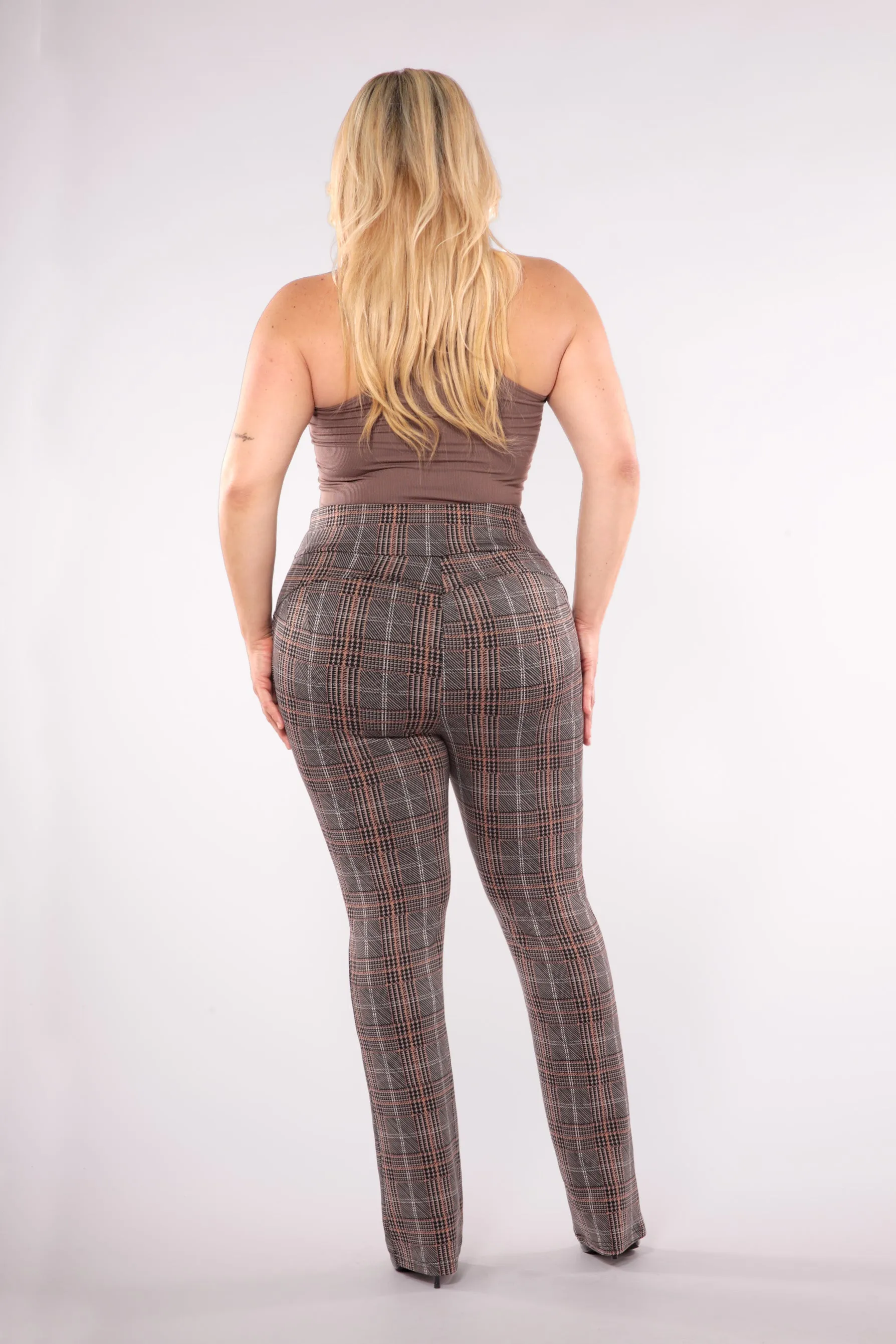 Plus Size Asymmetrical Button Waist Flare Pants - Khaki, Brown Plaid