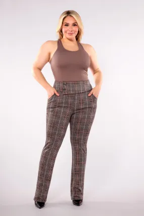 Plus Size Asymmetrical Button Waist Flare Pants - Khaki, Brown Plaid