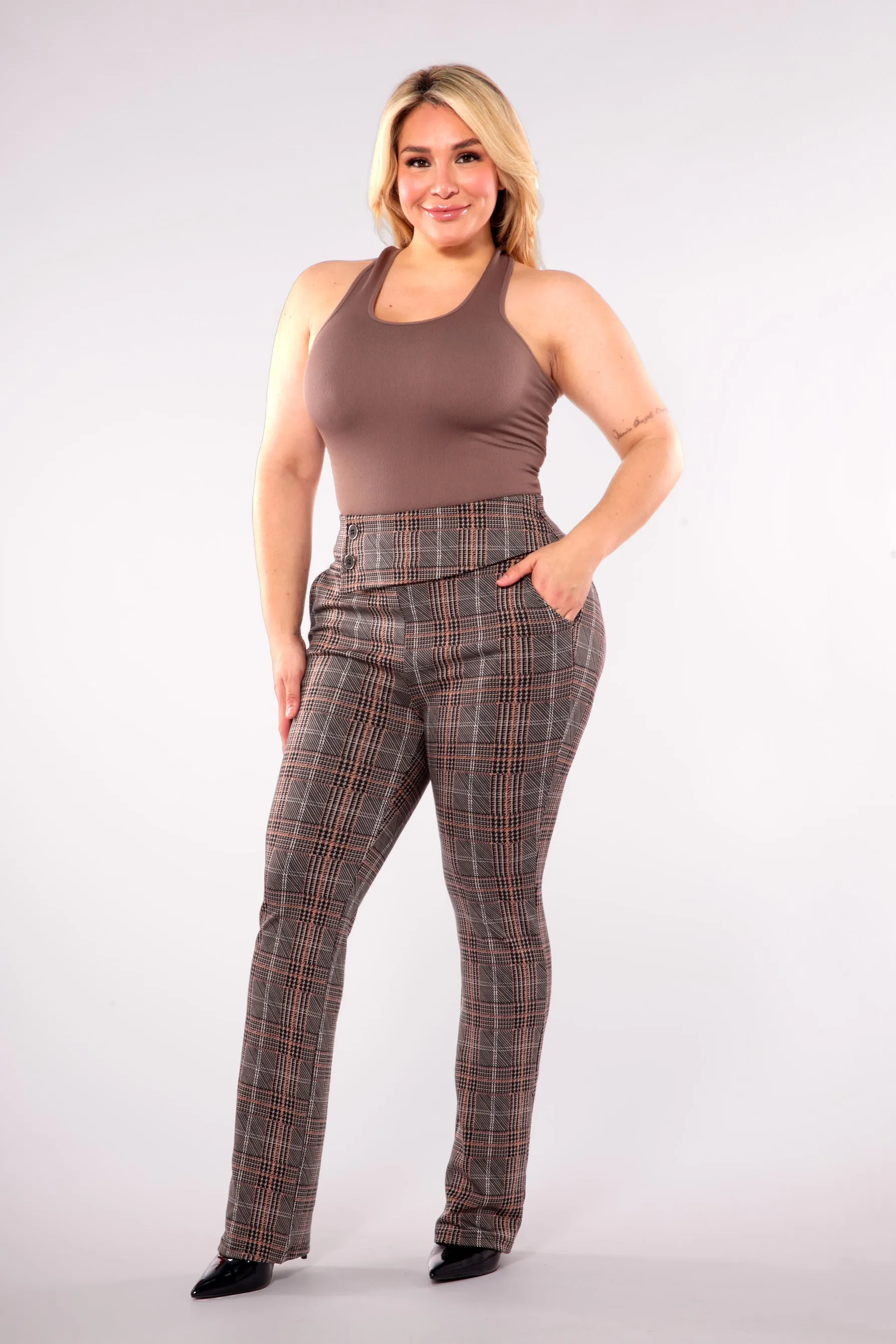 Plus Size Asymmetrical Button Waist Flare Pants - Khaki, Brown Plaid