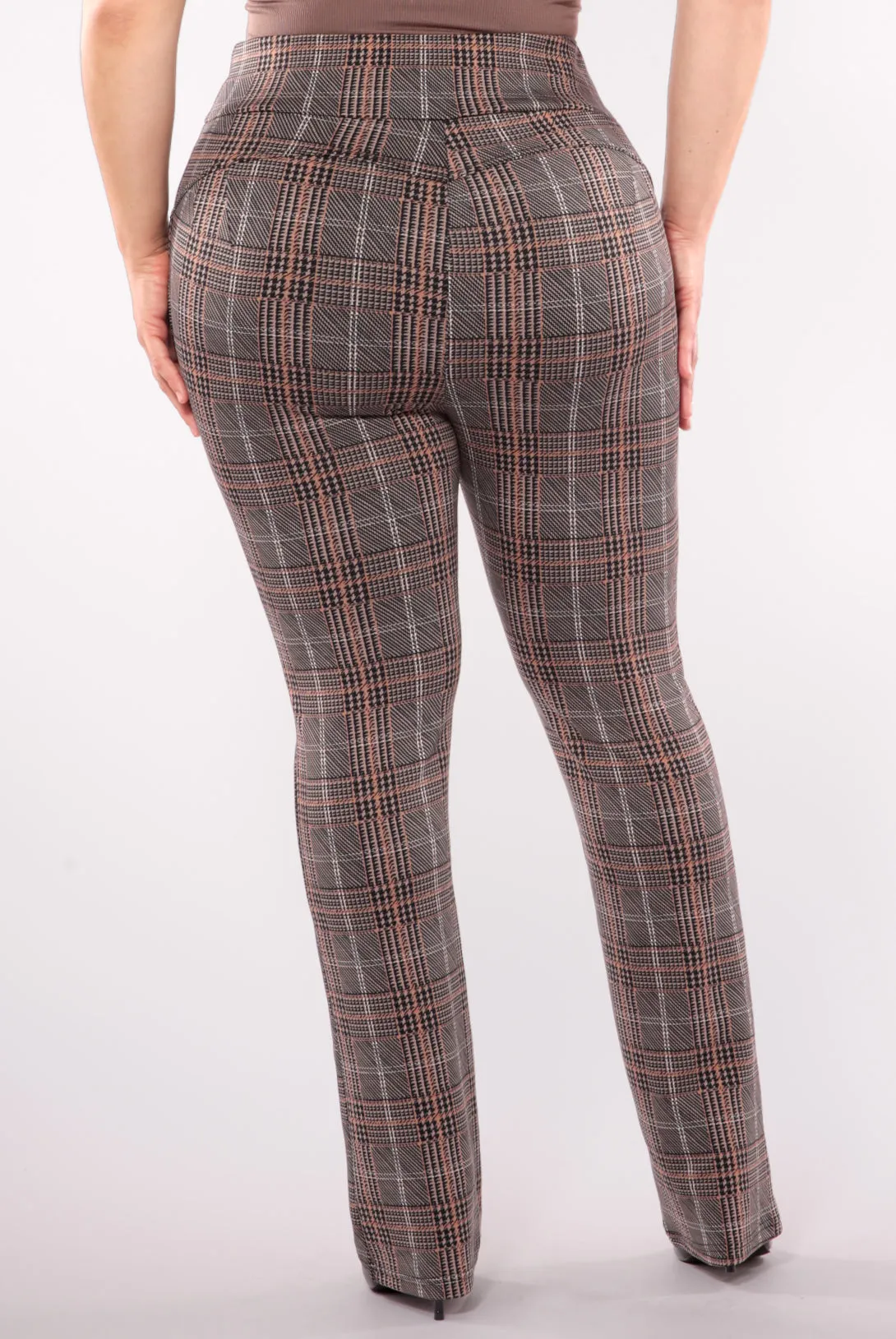 Plus Size Asymmetrical Button Waist Flare Pants - Khaki, Brown Plaid