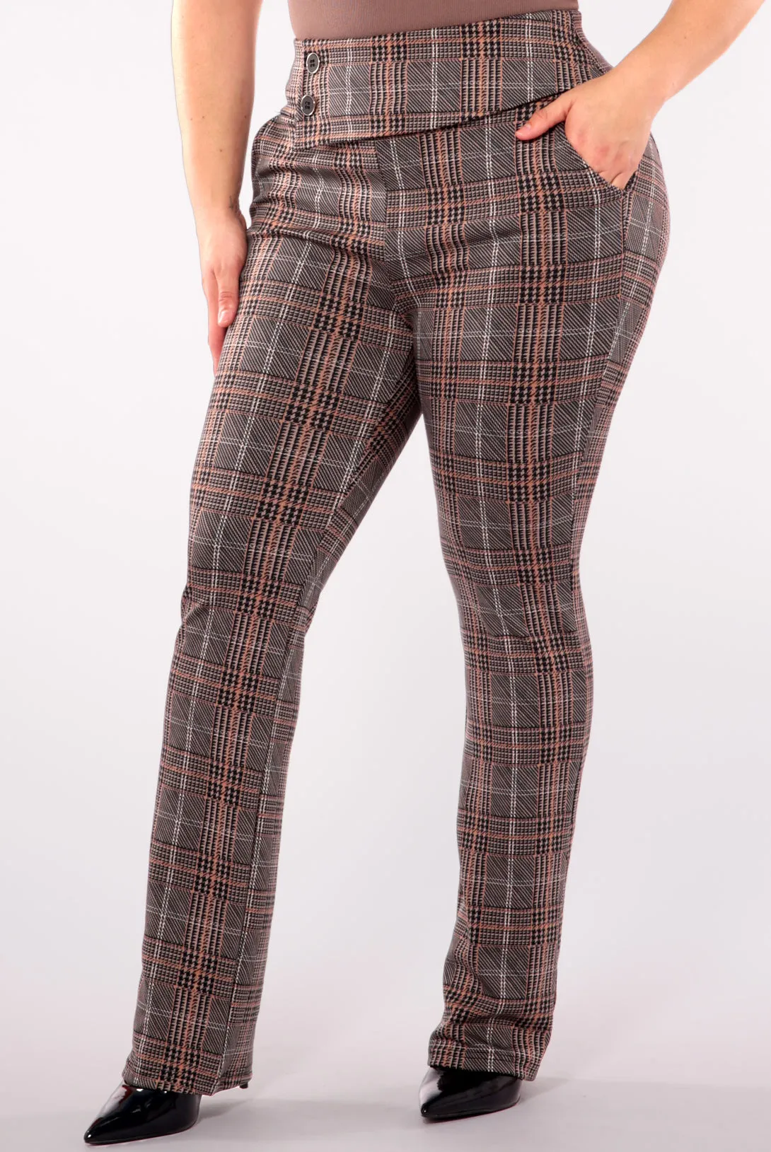 Plus Size Asymmetrical Button Waist Flare Pants - Khaki, Brown Plaid