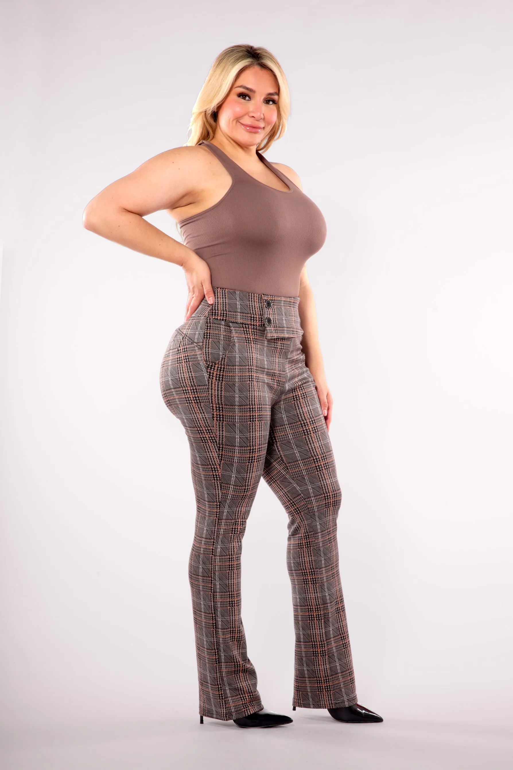 Plus Size Asymmetrical Button Waist Flare Pants - Khaki, Brown Plaid