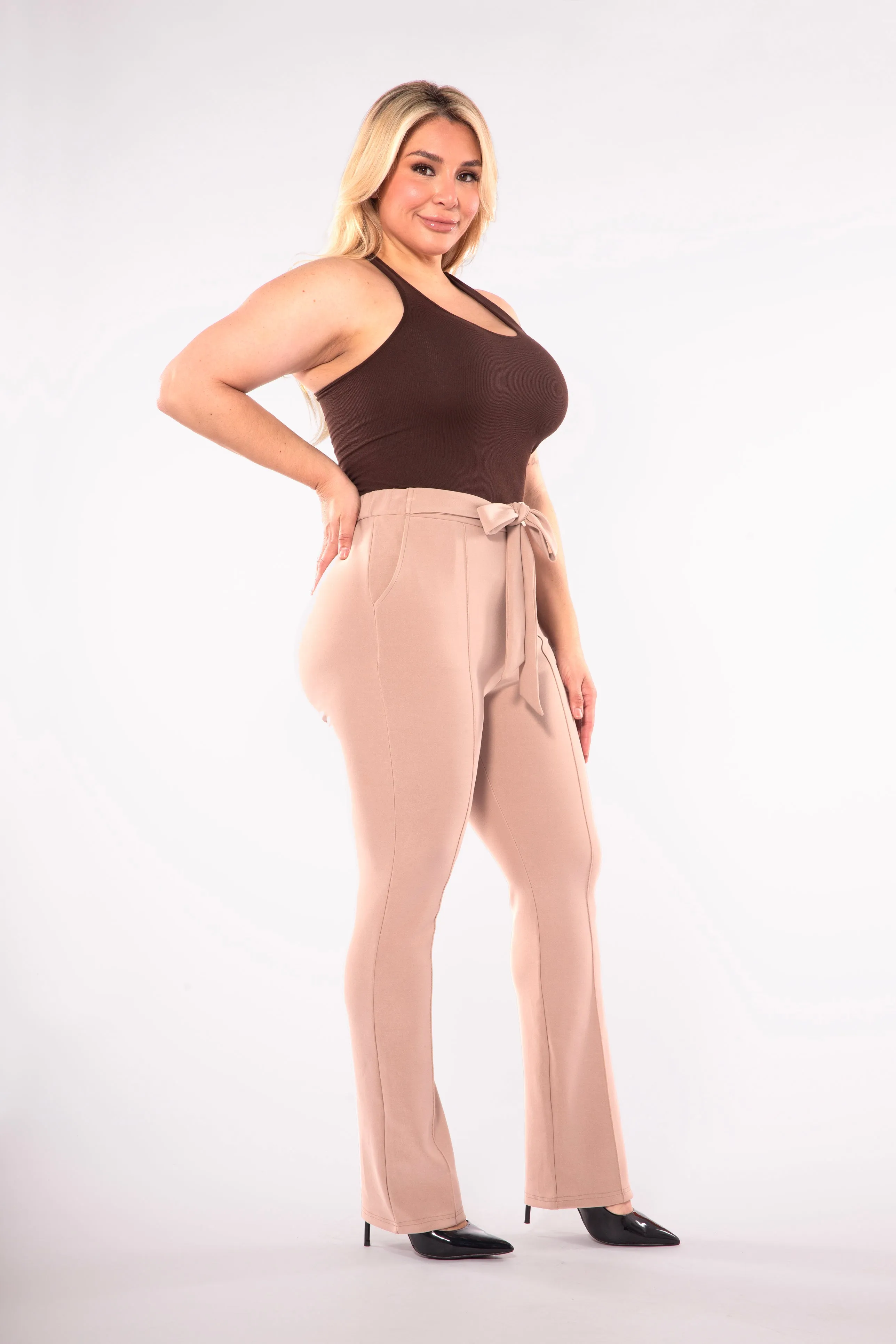 Plus Size High Waist Flare Pants With Front Seam Detail And Waist Tie - Latte