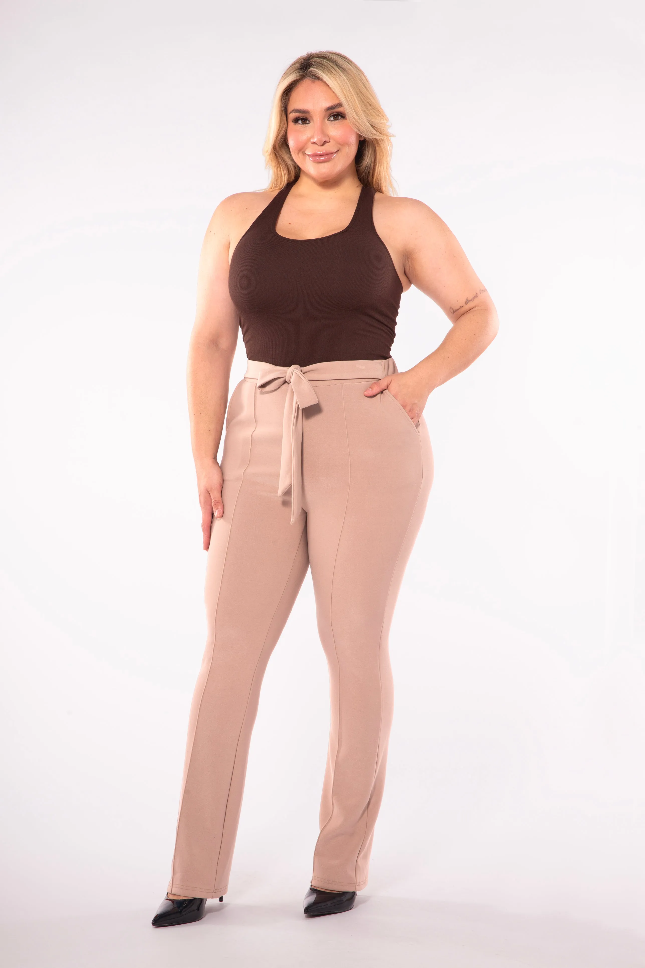 Plus Size High Waist Flare Pants With Front Seam Detail And Waist Tie - Latte