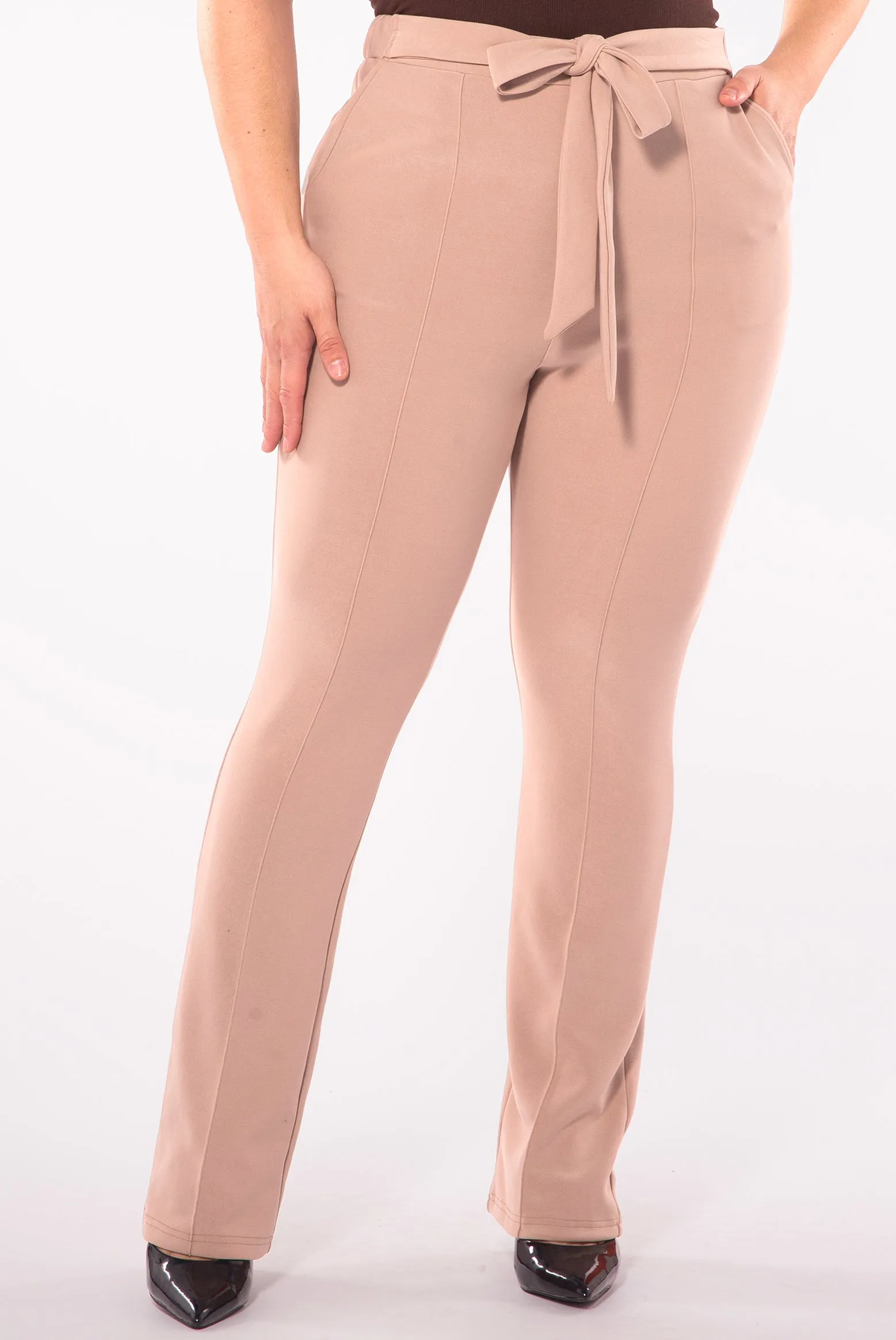 Plus Size High Waist Flare Pants With Front Seam Detail And Waist Tie - Latte