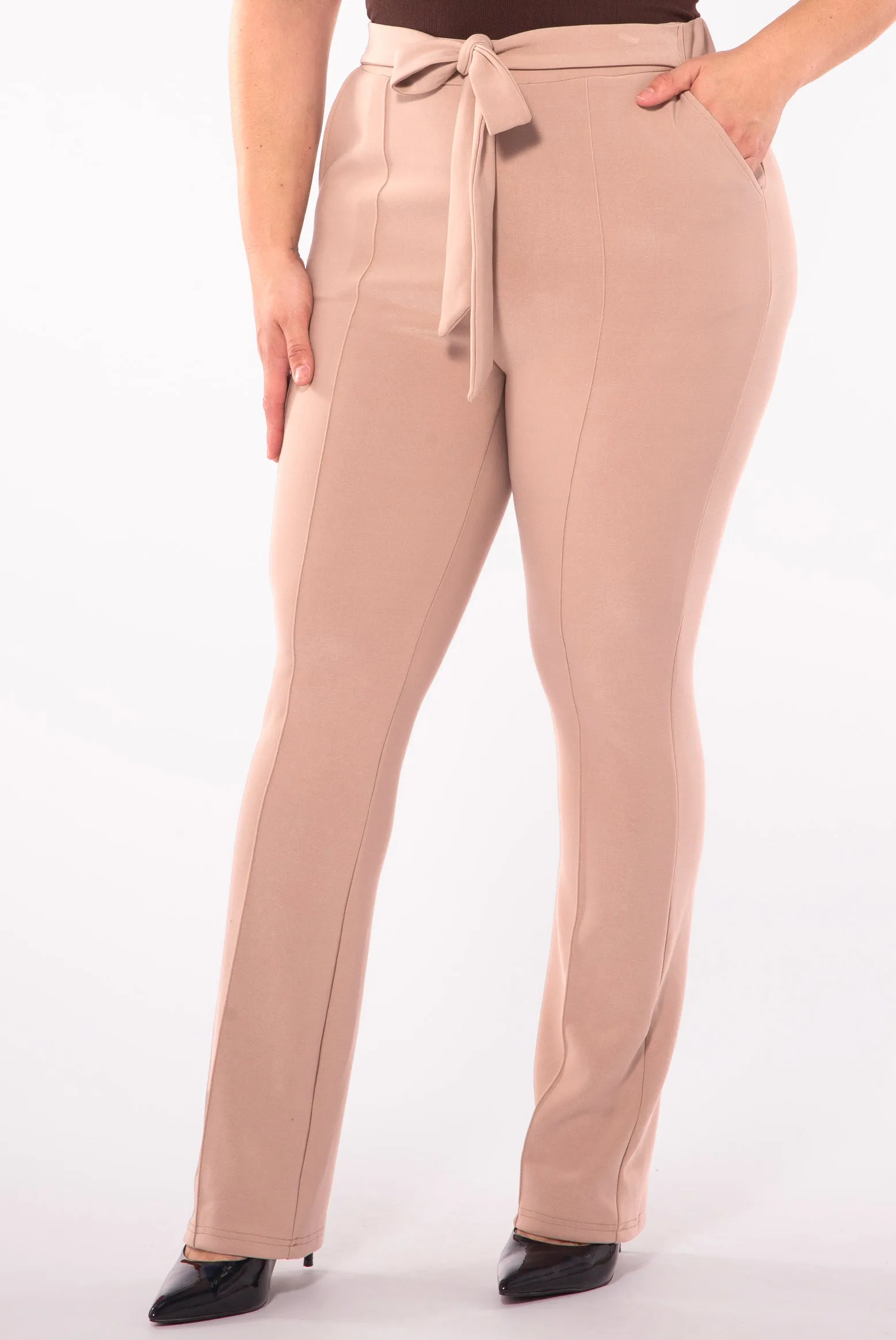 Plus Size High Waist Flare Pants With Front Seam Detail And Waist Tie - Latte