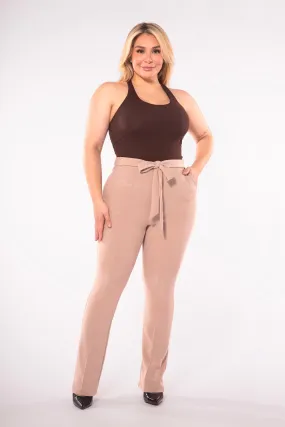 Plus Size High Waist Flare Pants With Front Seam Detail And Waist Tie - Latte