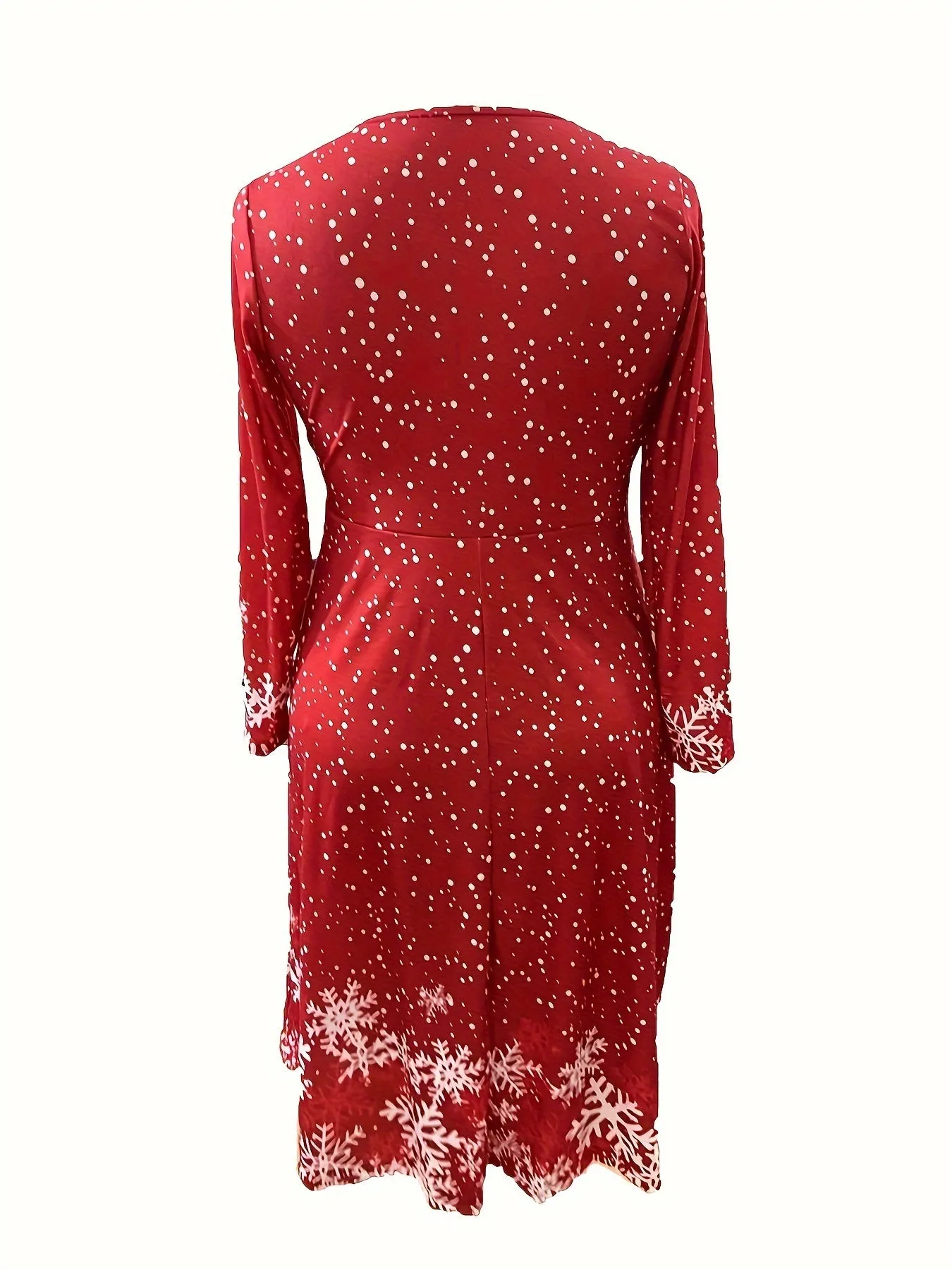 Plus Size Snowflake Print Dress, Elegant Long Sleeve V Neck Dress For Spring & Fall, Women's Plus Size Clothing