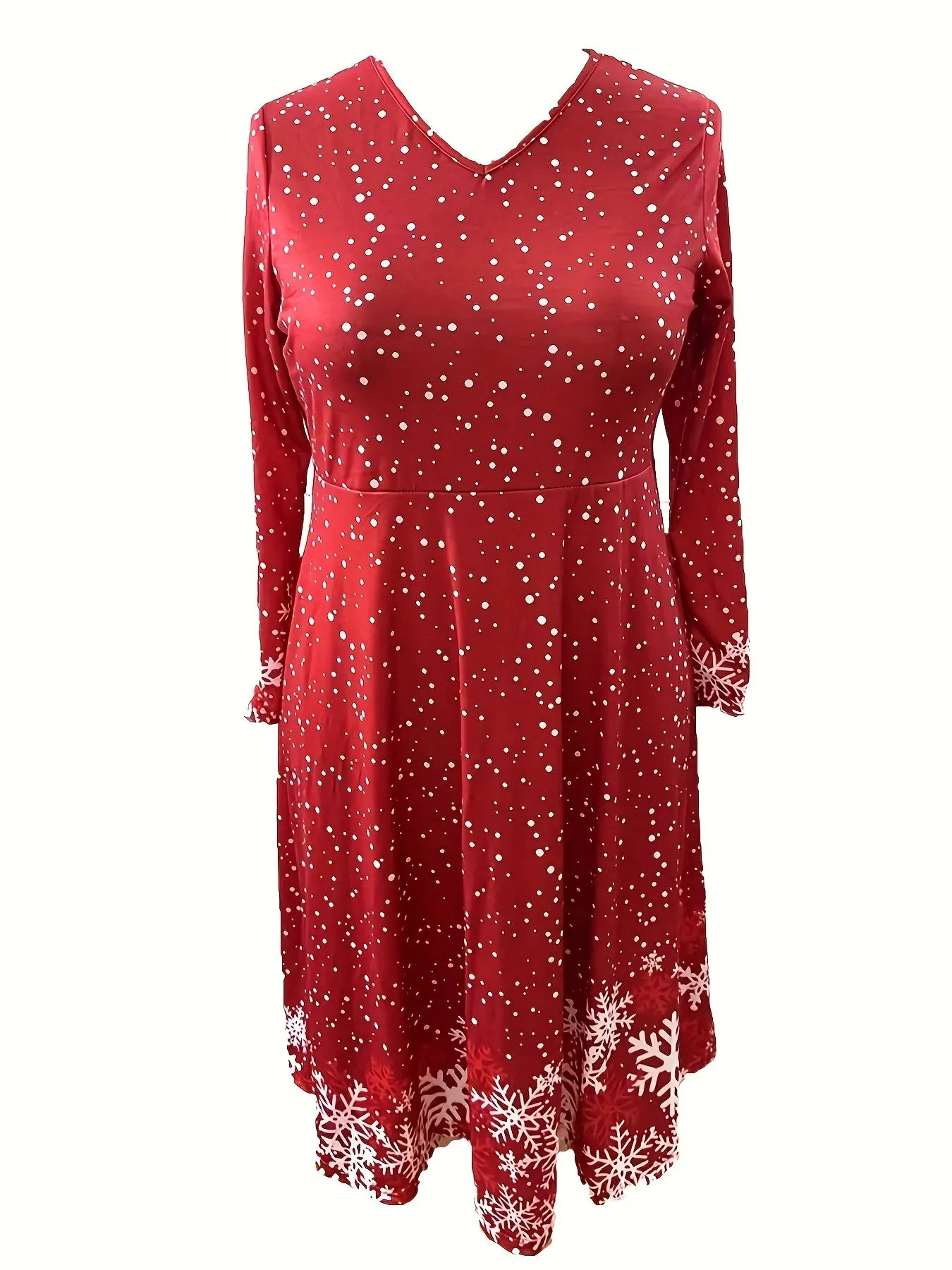 Plus Size Snowflake Print Dress, Elegant Long Sleeve V Neck Dress For Spring & Fall, Women's Plus Size Clothing