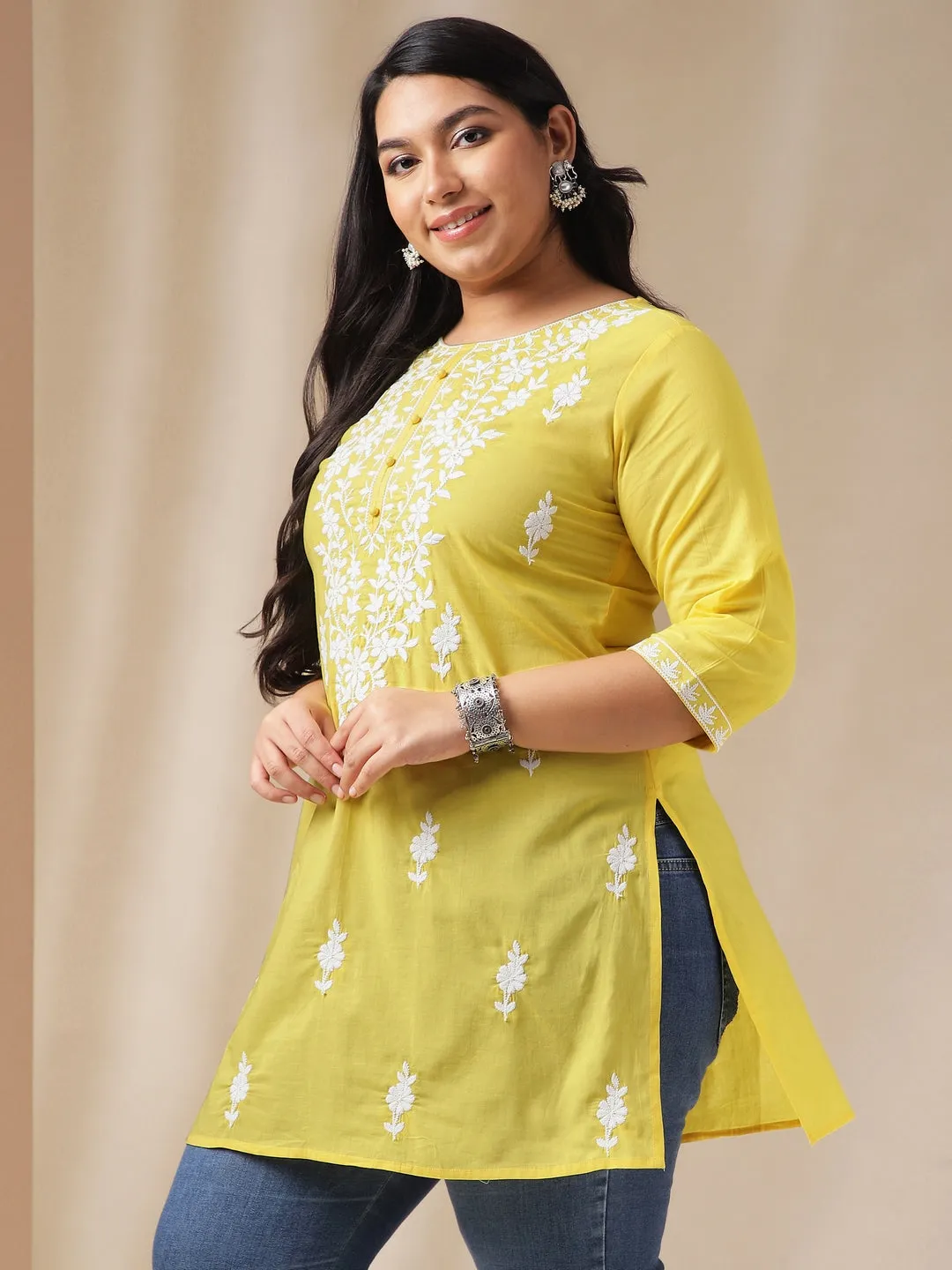 Plus Size Yellow Cotton Chikankari Regular Tunic