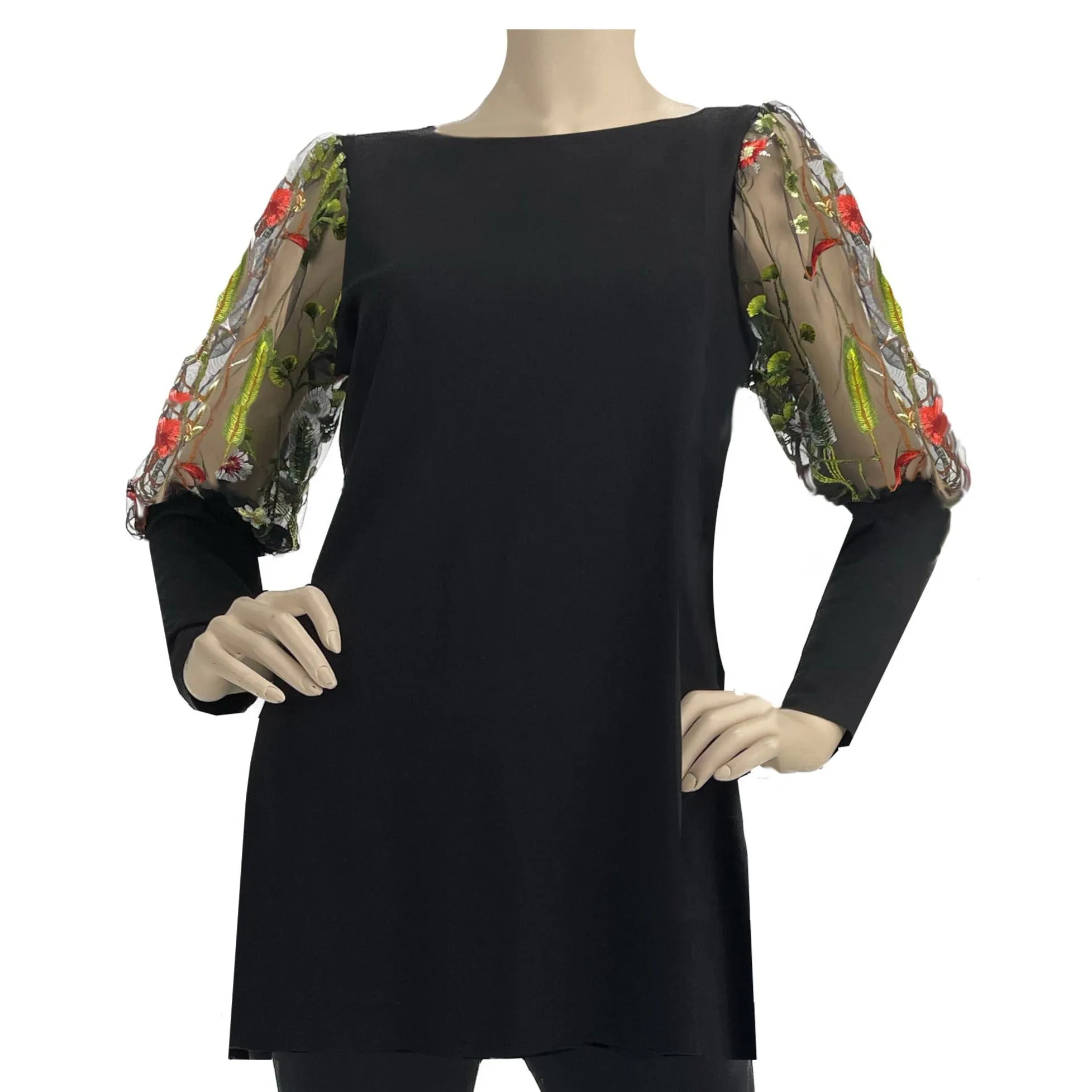 Ponte Tunic with Puff Top Embroidered Tulle Sleeve     B862