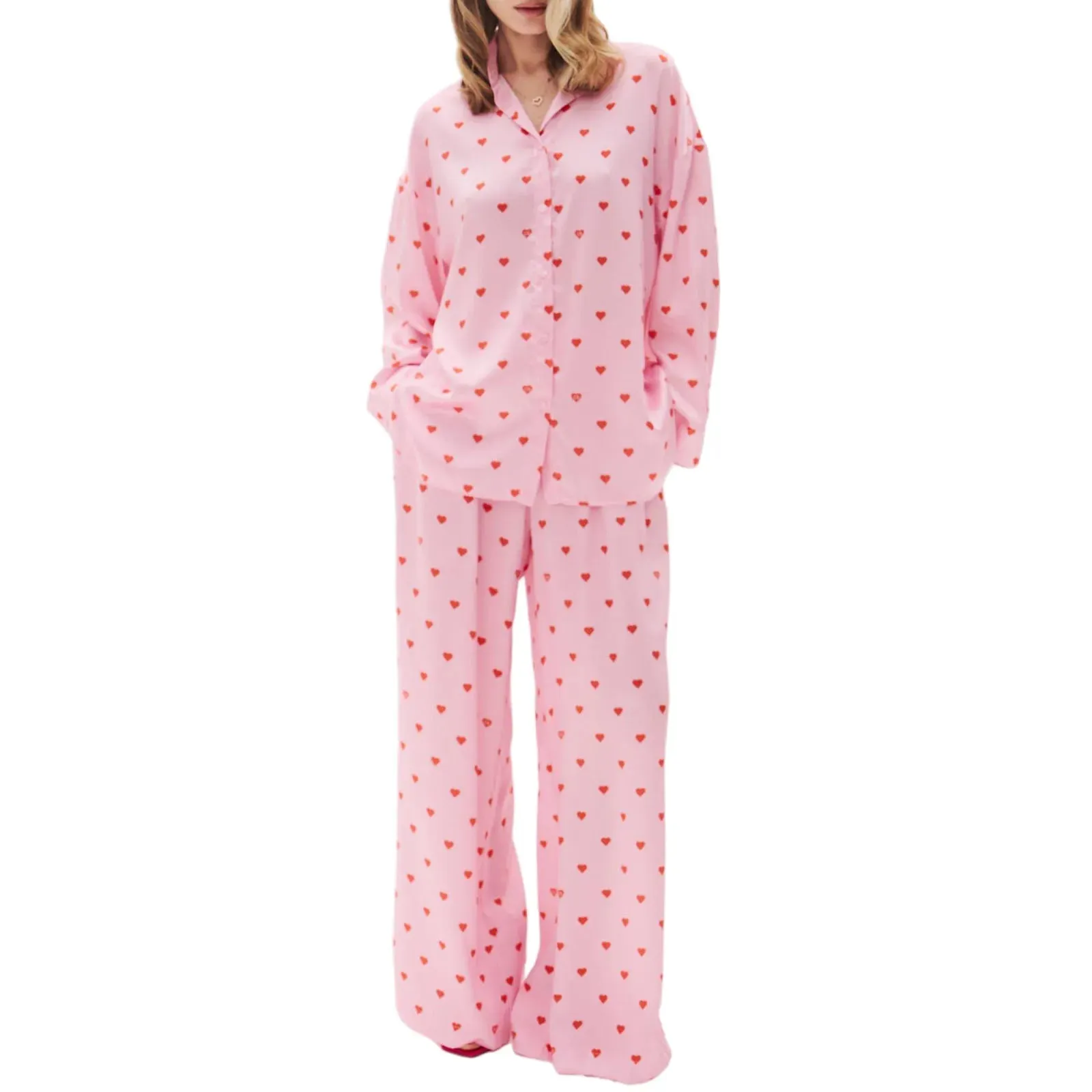 Print Long Sleeve V Neck Casual Button Down Pants Heart Pajamas