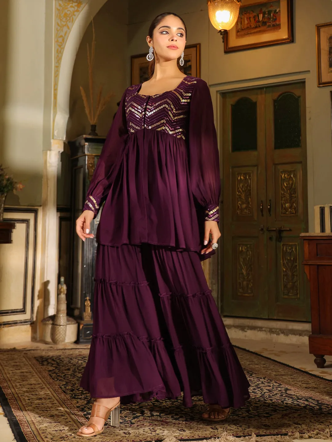 Purple Georgette Sequined Front Slit Peplum Sharara Set