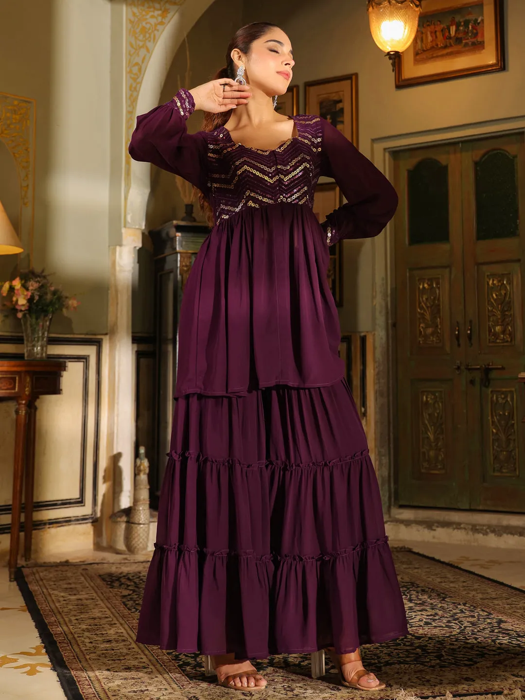 Purple Georgette Sequined Front Slit Peplum Sharara Set